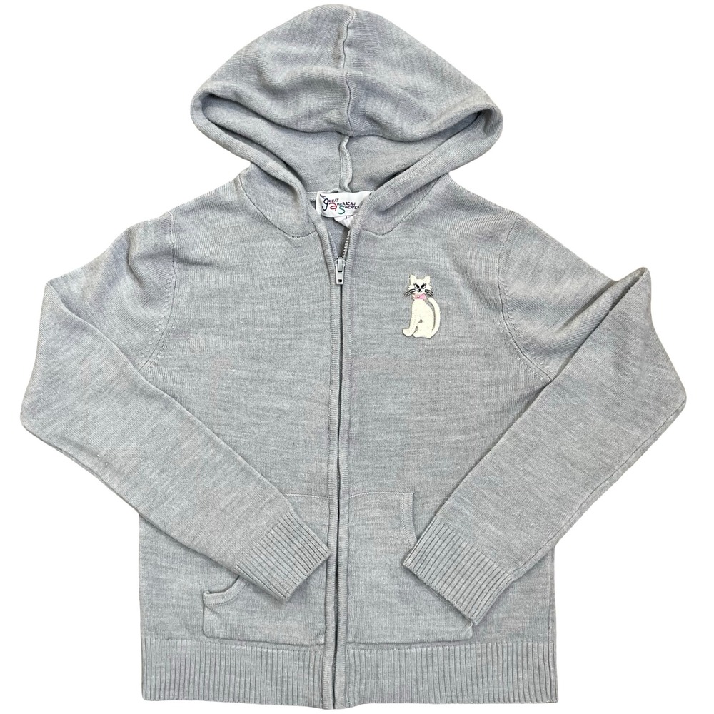 Vintage Great American Sweater Co Cat‎ Hoodie Girls L Gray Zip Up Knit Cardigan
